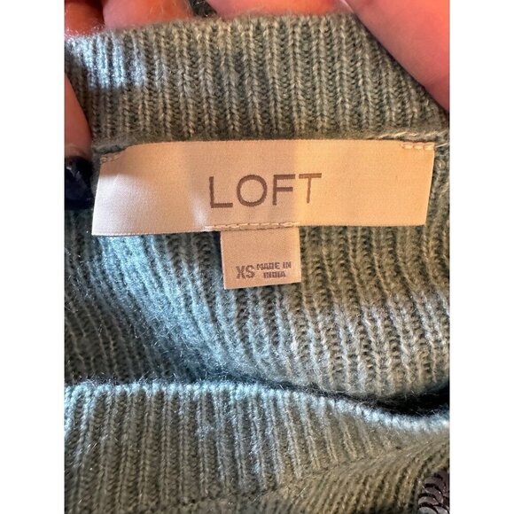 Loft Sweater Women XS Blue Green Fuzzy Knit Puff Sleeve Jewel Crochet Pullover - Picture 9 of 10